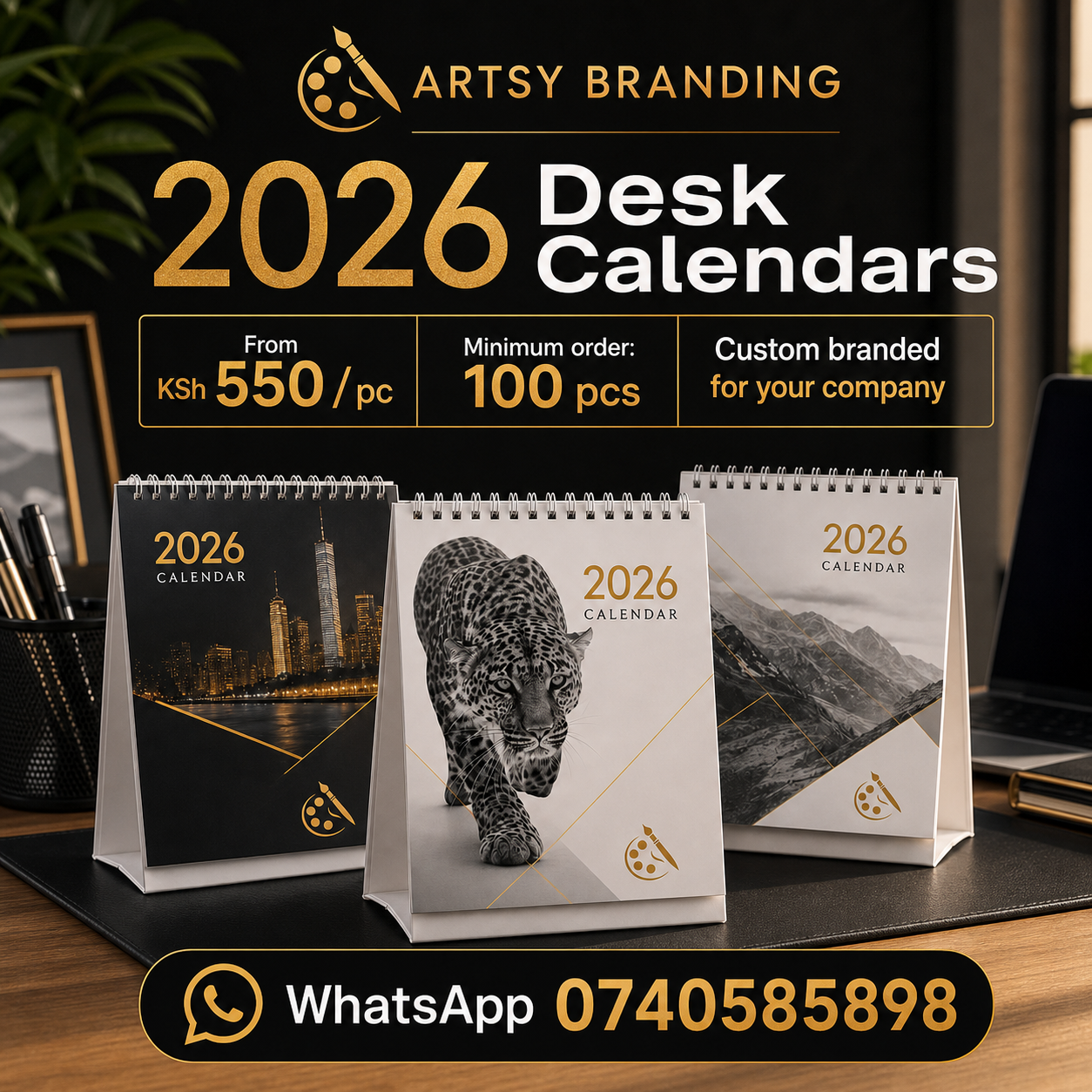 Artsy 2026 desk calendar offer for KSh 550 per piece with minimum order 100 pieces