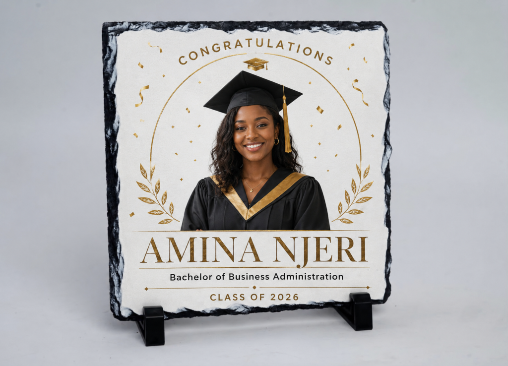 Personalised graduation photo rock slate with display stand in Nairobi, Kenya