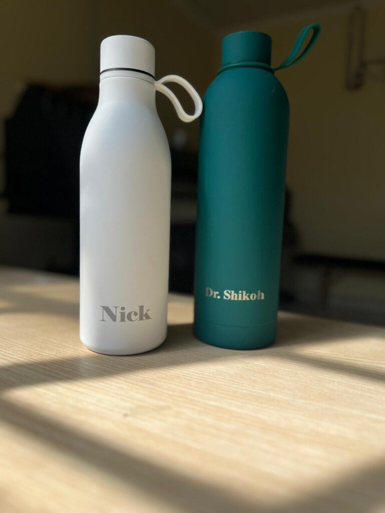 Custom stainless-steel thermal flask laser engraved with a company logo in Nairobi, Kenya