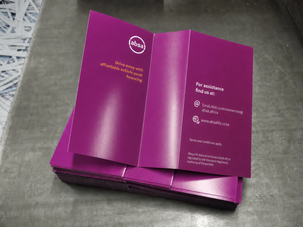 Professionally printed full-colour Z-fold brochure with six organised panels in Nairobi, Kenya
