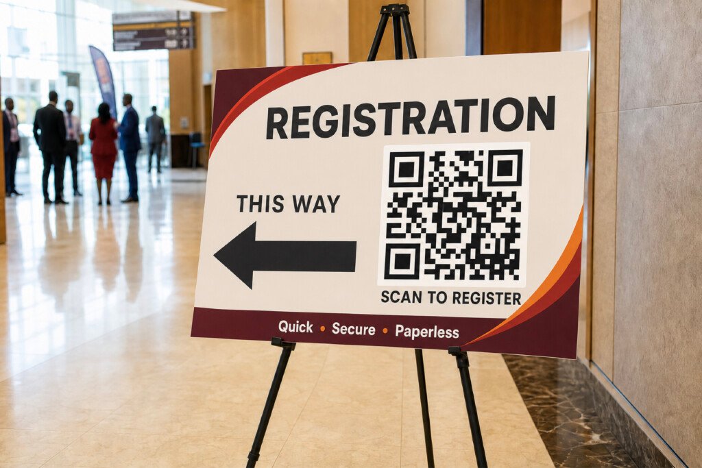 Custom event registration board with directional instructions displayed on an easel in Nairobi