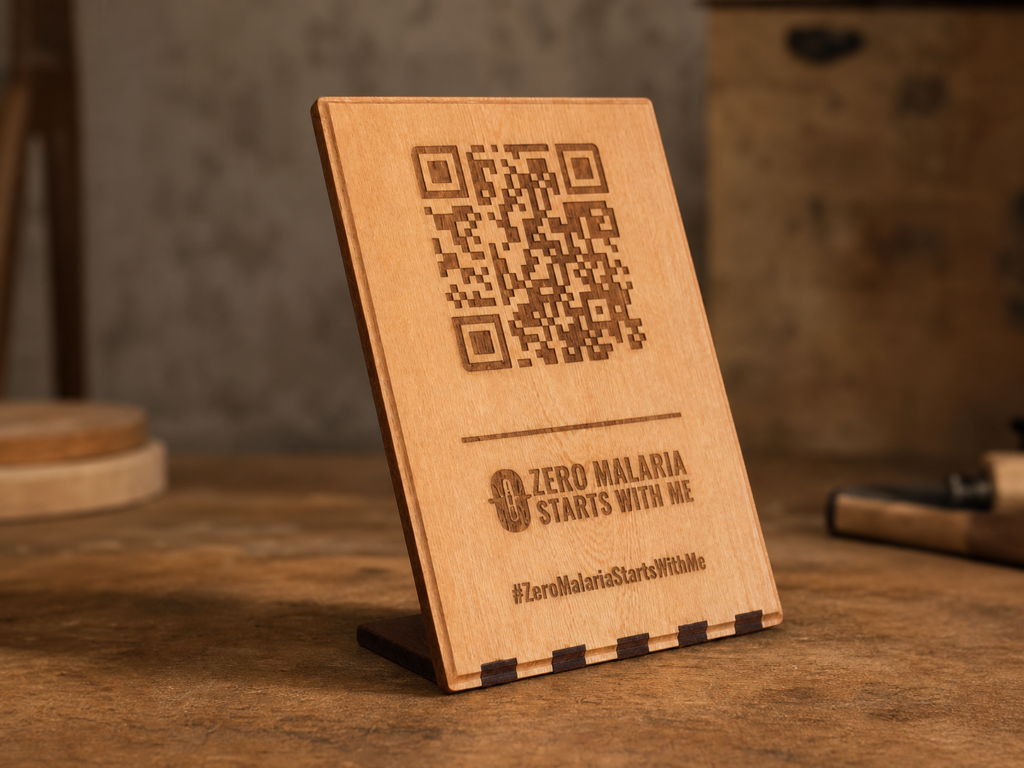 Custom engraved wooden QR code table stand for digital access and customer engagement in Nairobi, Kenya