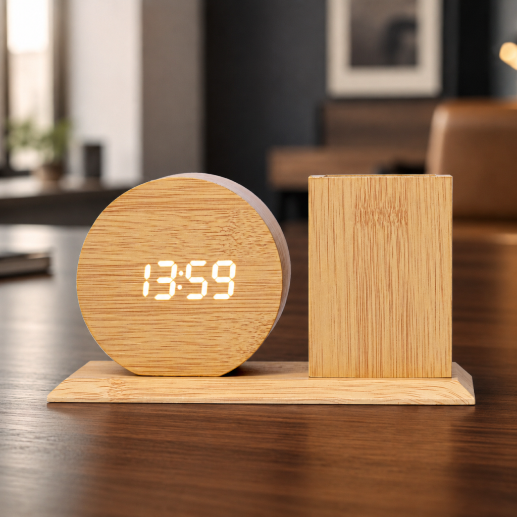 Wooden Desk Organizer with Round Digital Clock