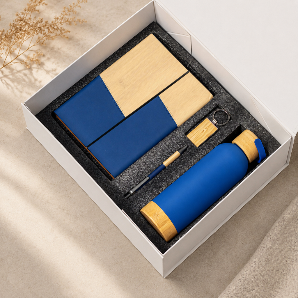 Two-tone notebook, pen, keyring and wood-accent bottle in a gift box