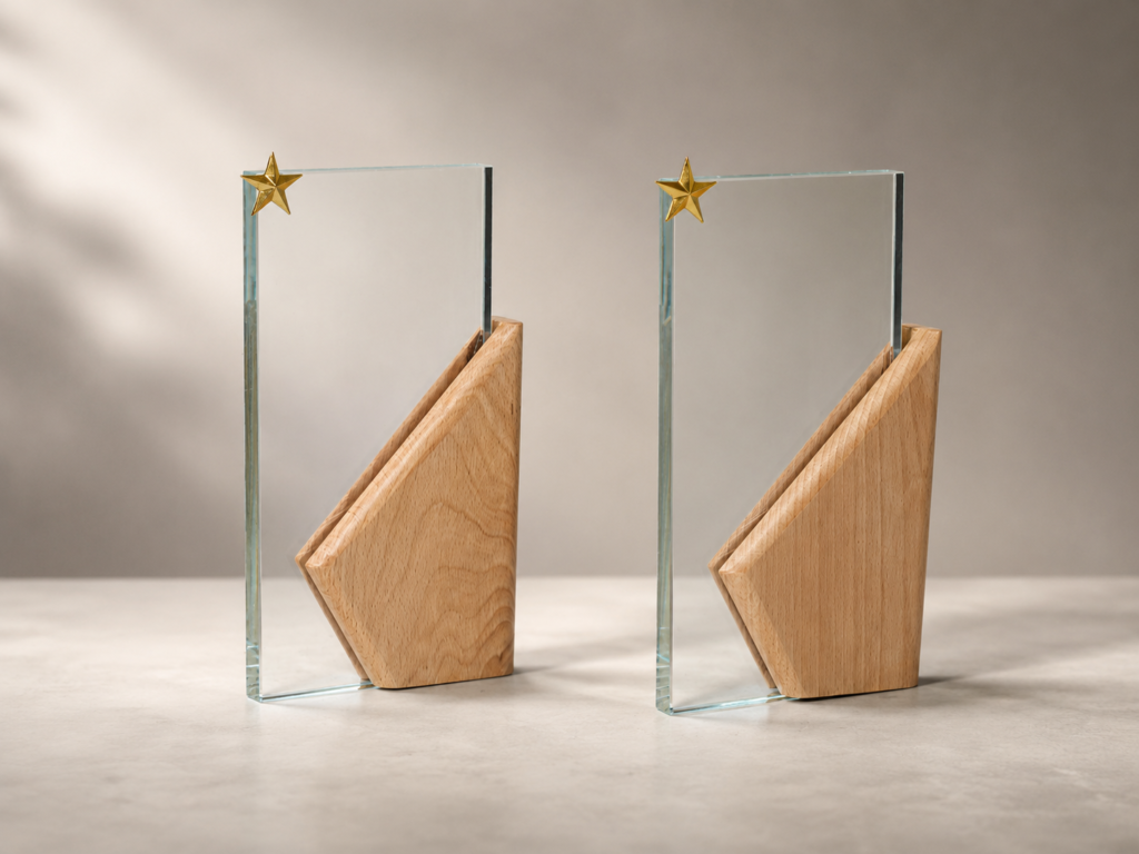 CR005 Crystal Awards with Wooden Detail and Gold Star