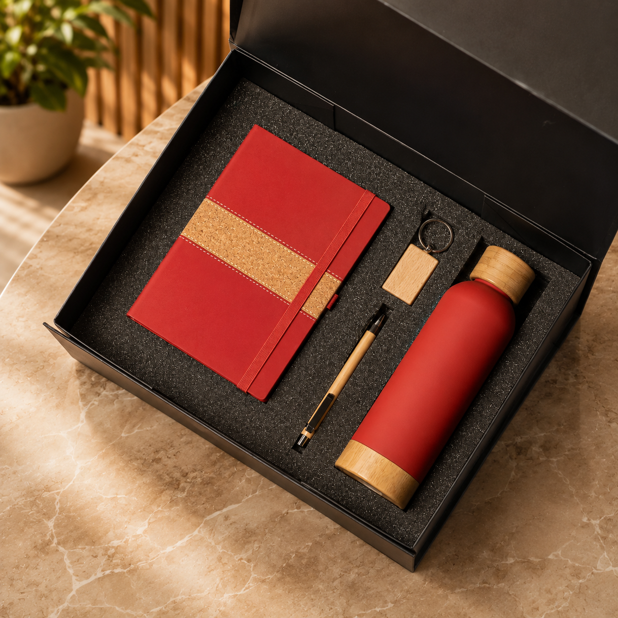 Wood-accent notebook, pen, keyring and matching bottle in a gift box