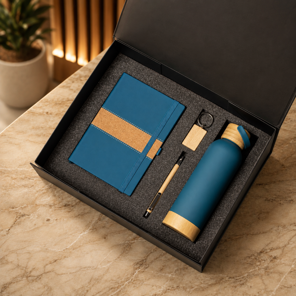 Wood-accent notebook, pen, keyring and matching bottle in a gift box