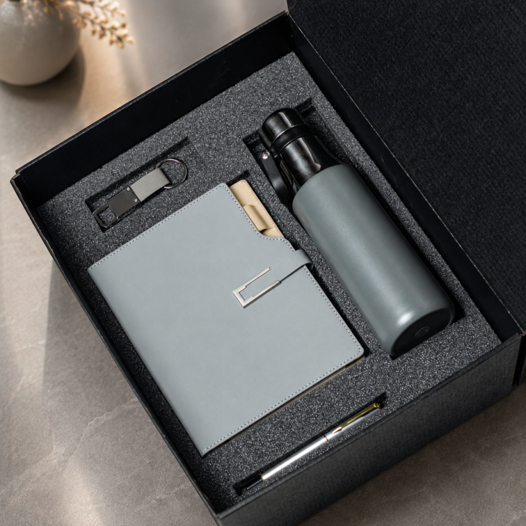 Notebook, pen and flask in a presentation box