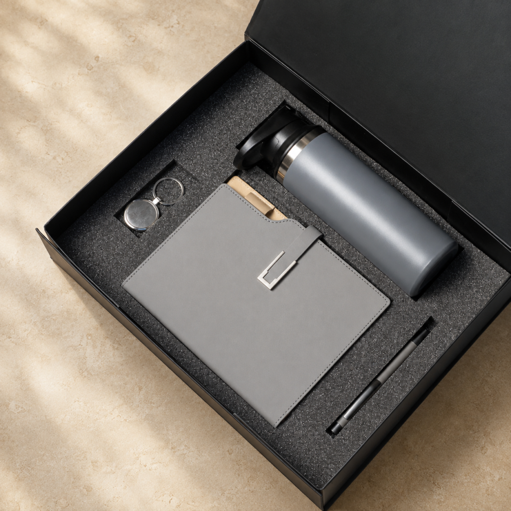 Notebook, pen, keyring and flask in a presentation box