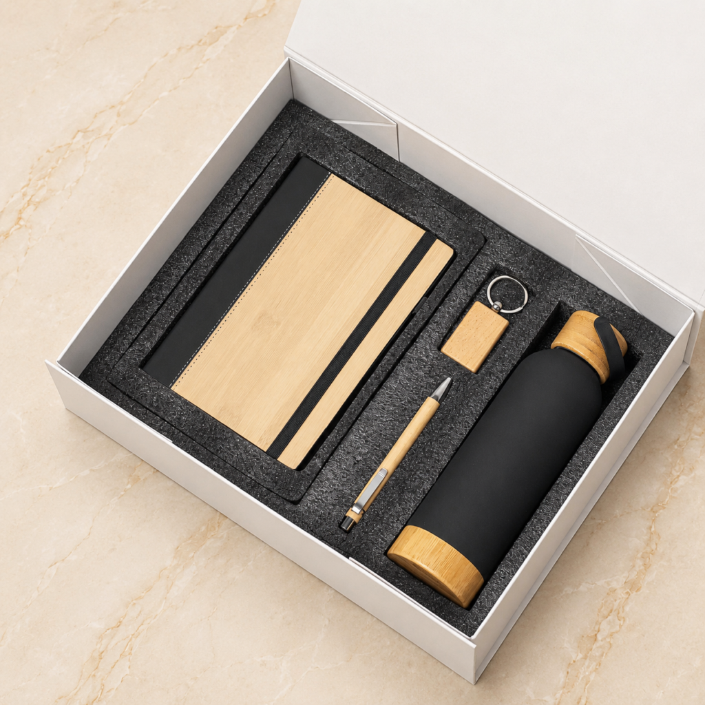 Wood-accent notebook, pen, keyring and matching bottle in a gift box