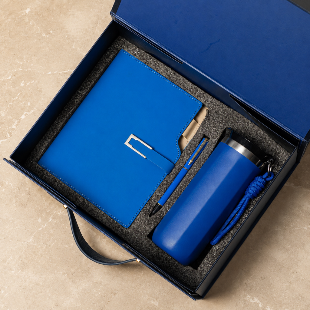 Notebook, pen and flask with carry strap in a gift box