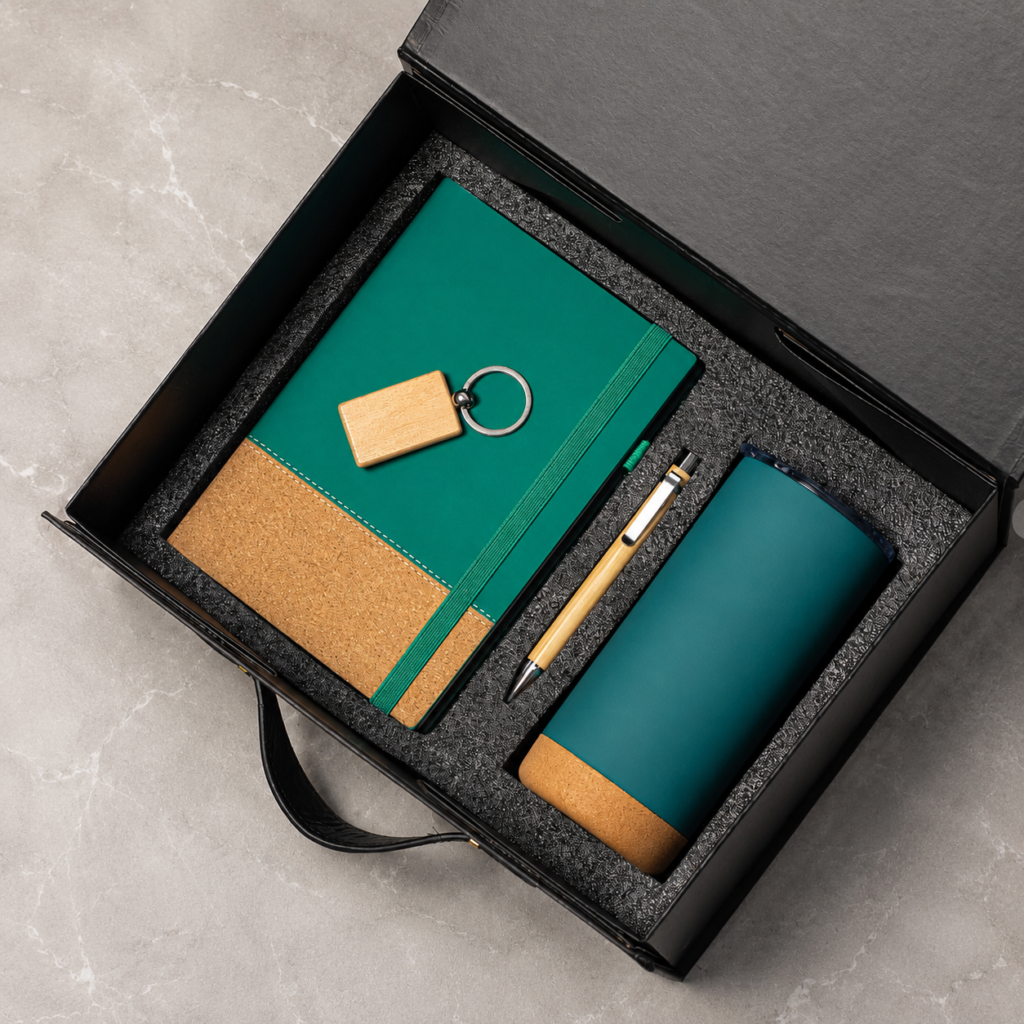Notebook, pen, keyring and cork-base tumbler in a gift box