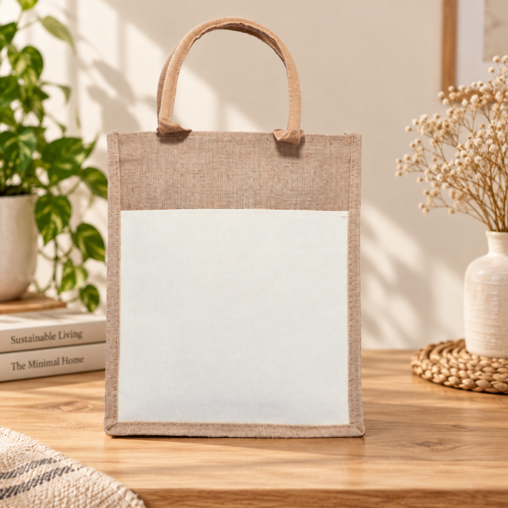 Jute Bag with White Front Pocket