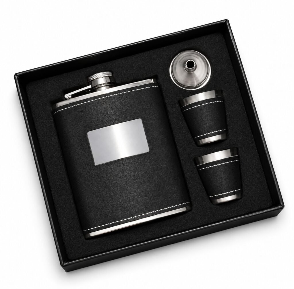 One black-wrapped hip flask with white stitching and a blank silver-tone plaque, two matching black-wrapped small cups, and a funnel in a black presentation box on a white background