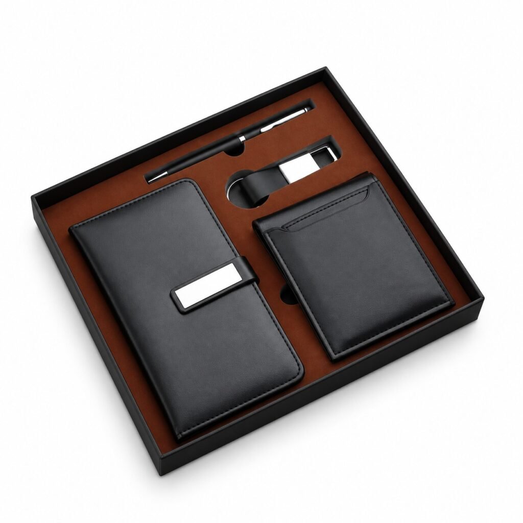 Black pocket notebook, wallet, pen and keyring in an open presentation box on white
