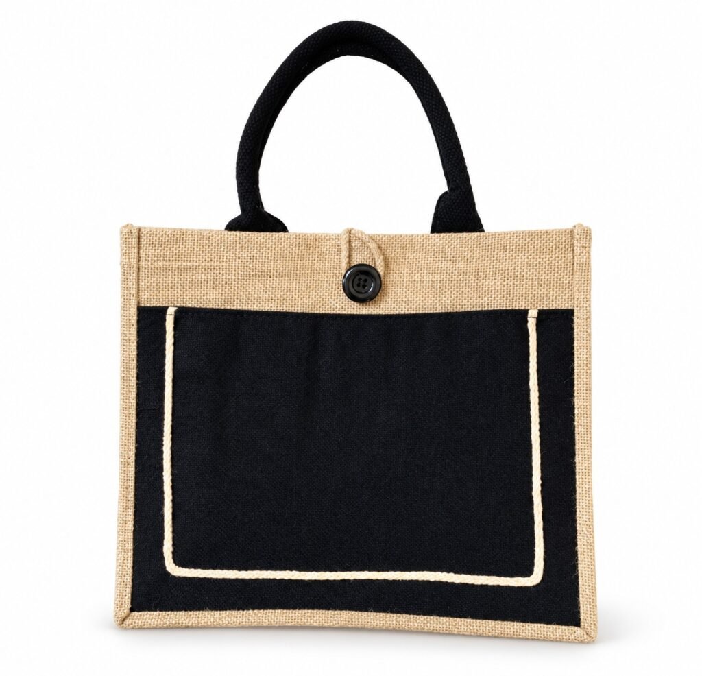 A4 Button Pocket Jute Bags, showing the actual reference design on a white background