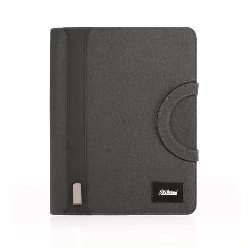 Closed dark grey A4 power bank notebook folder with logo panel on a white background