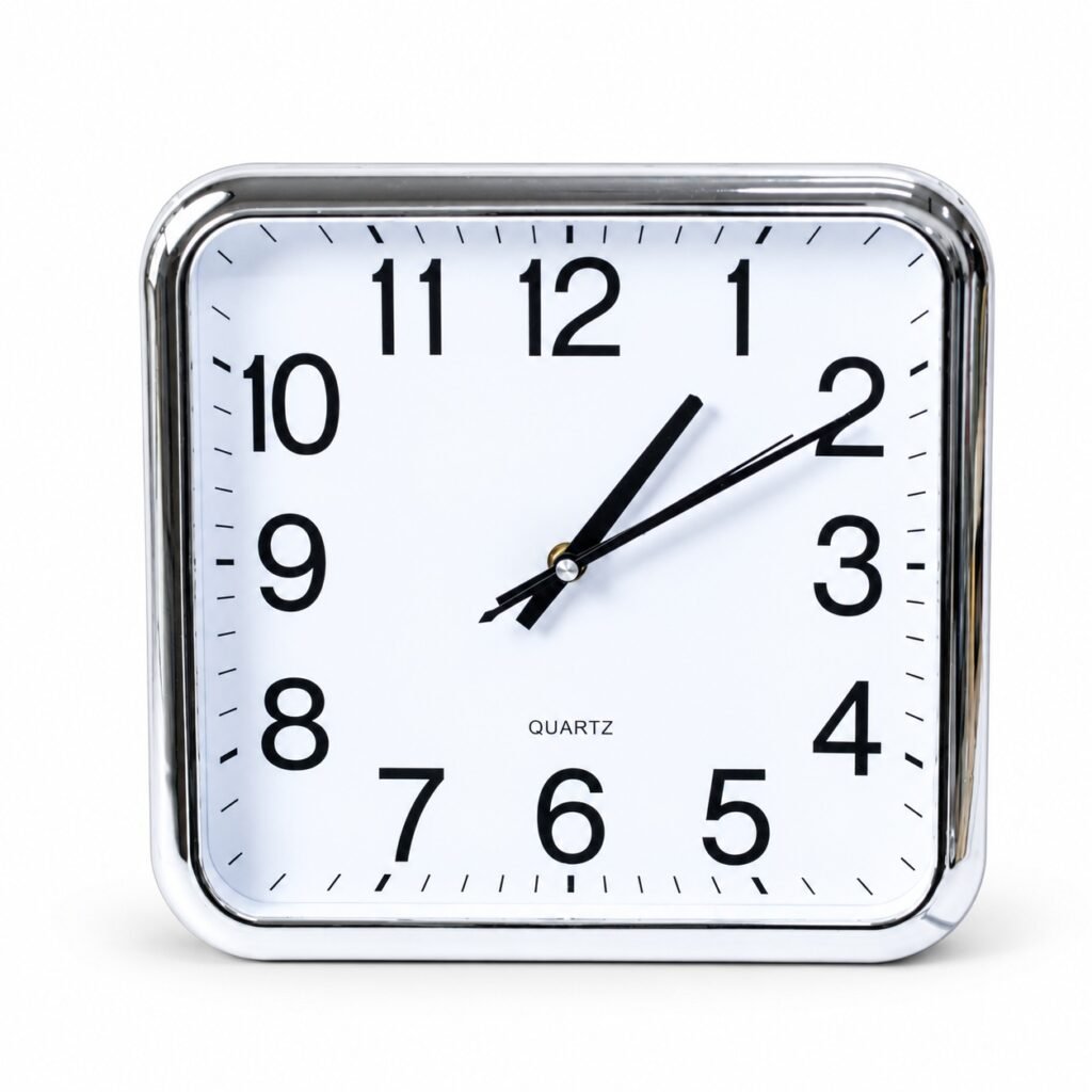 Square silver-tone wall clock 22197 with white face and black numerals on white