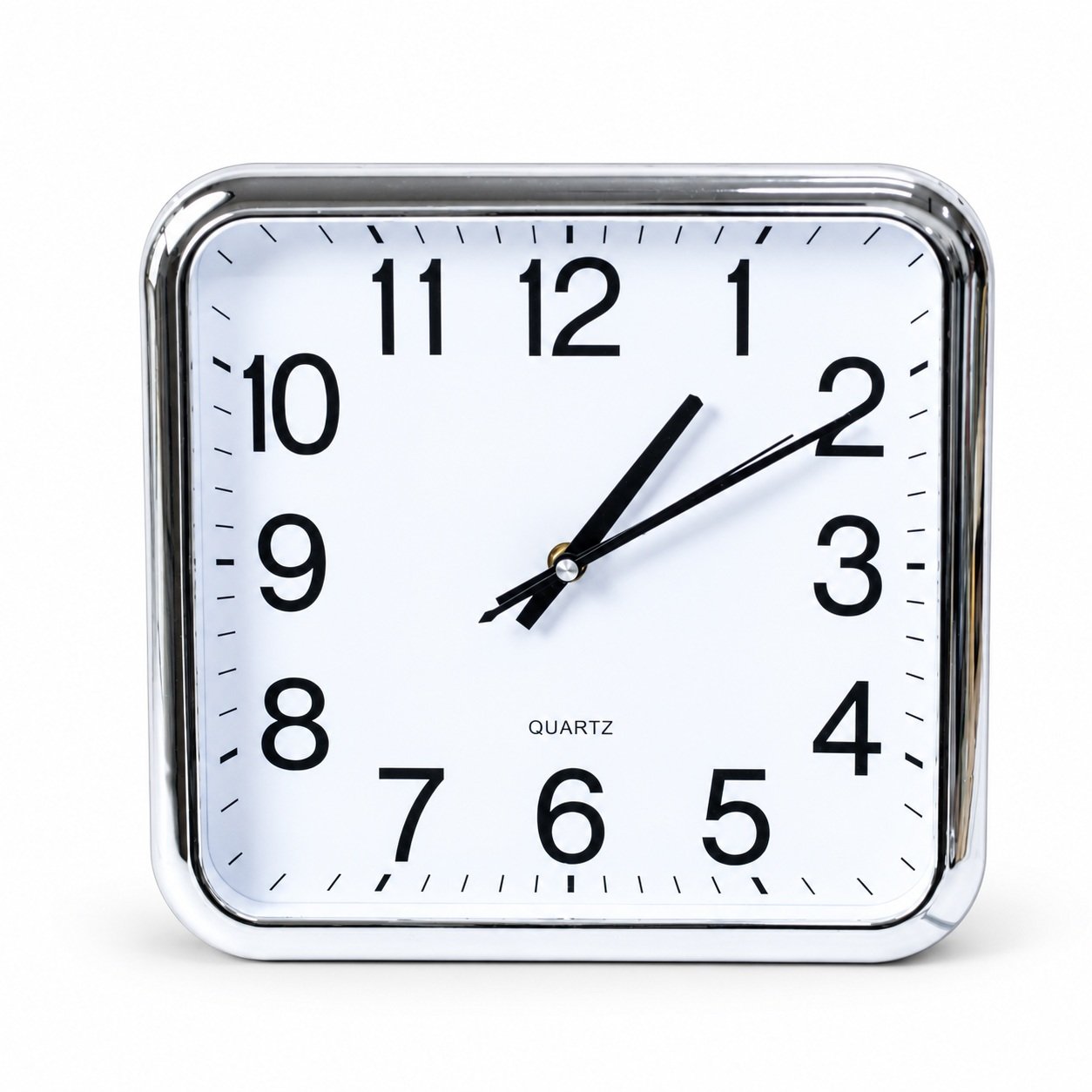 Square silver-tone wall clock 22197 with white face and black numerals on white