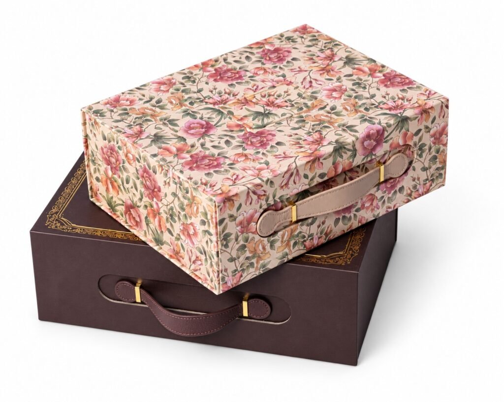 Floral and brown handled gift boxes stacked on a white background