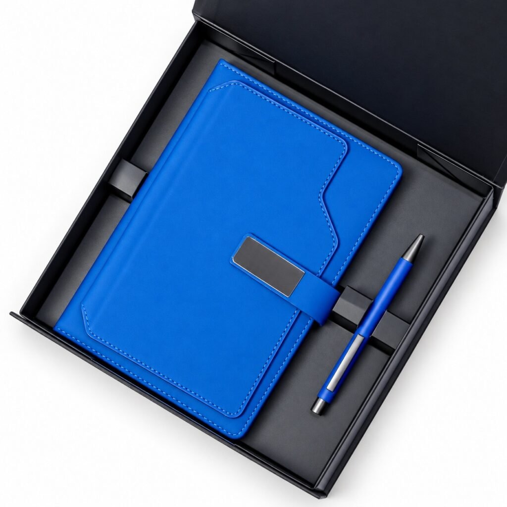 Blue E105 notebook with shaped flap and silver closure plate, matching pen and black box on white