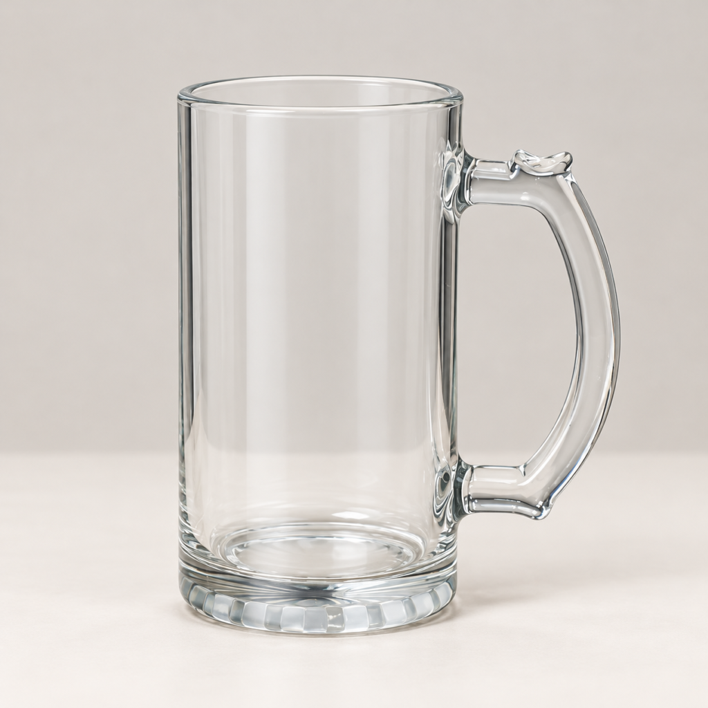 Clear glass beer mug on a neutral studio background