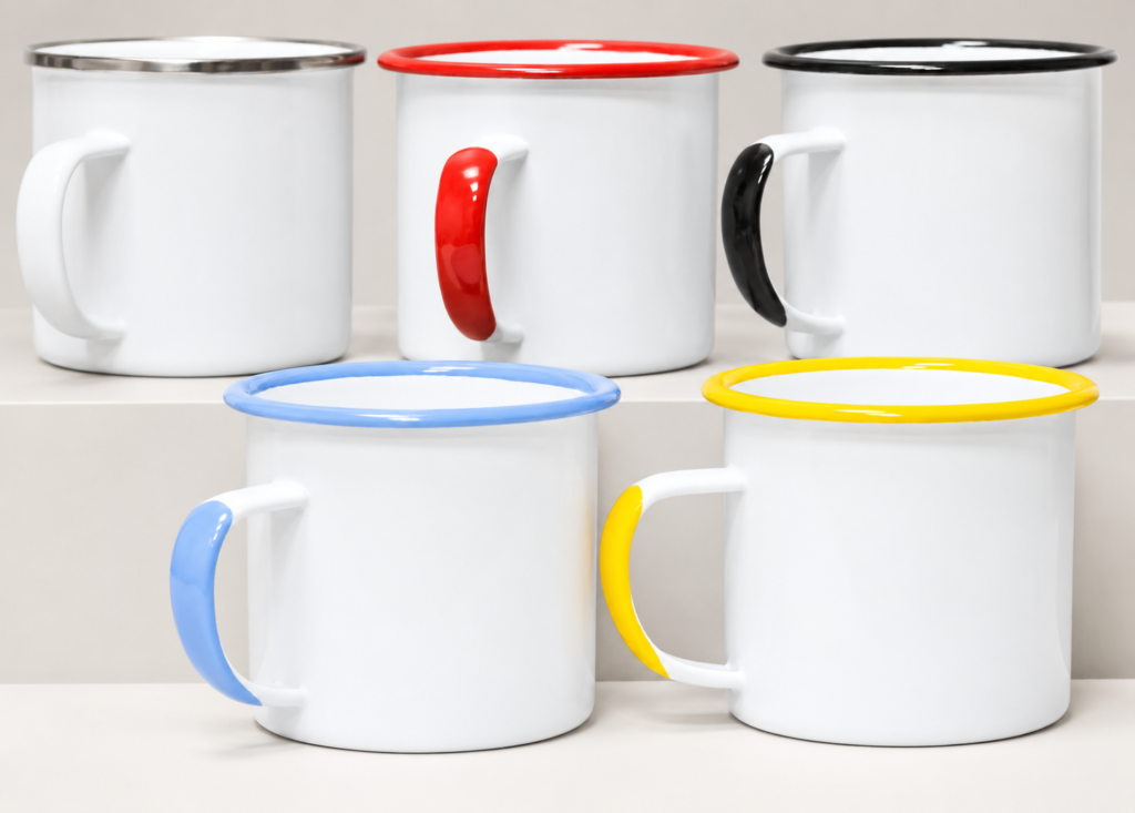 White mugs with silver, red, black, blue and yellow trim on a neutral studio background