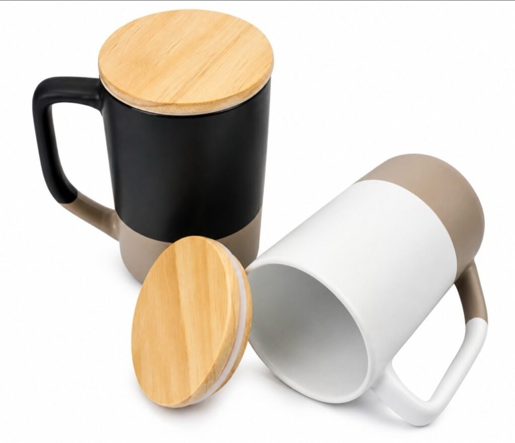 Black and white ceramic mugs with taupe bases, handles and removable wood-look lids