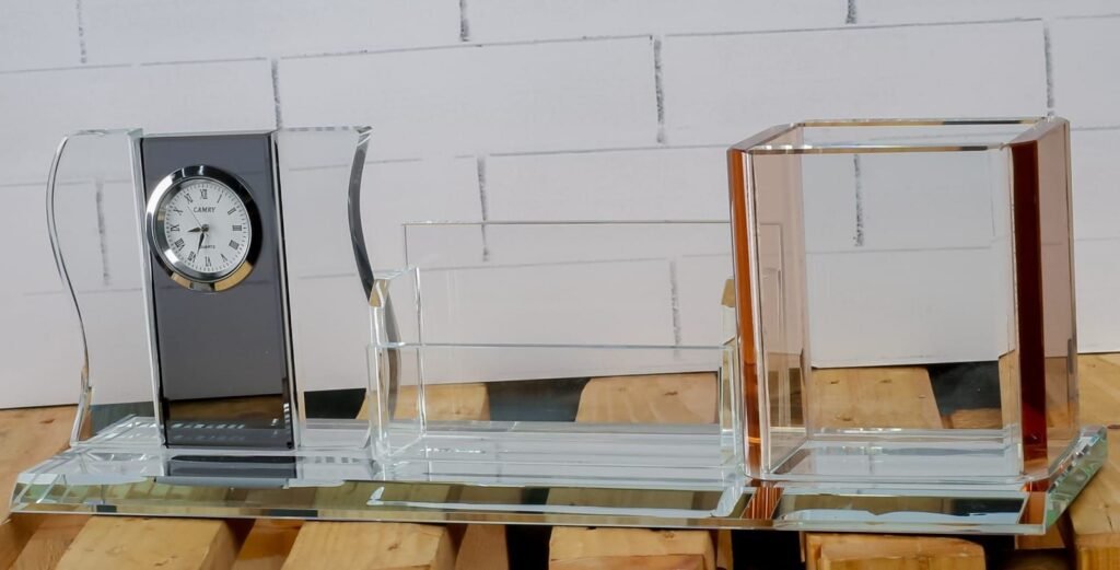 Clear desk organizer assembly; Clock feature, card holder and pen compartment