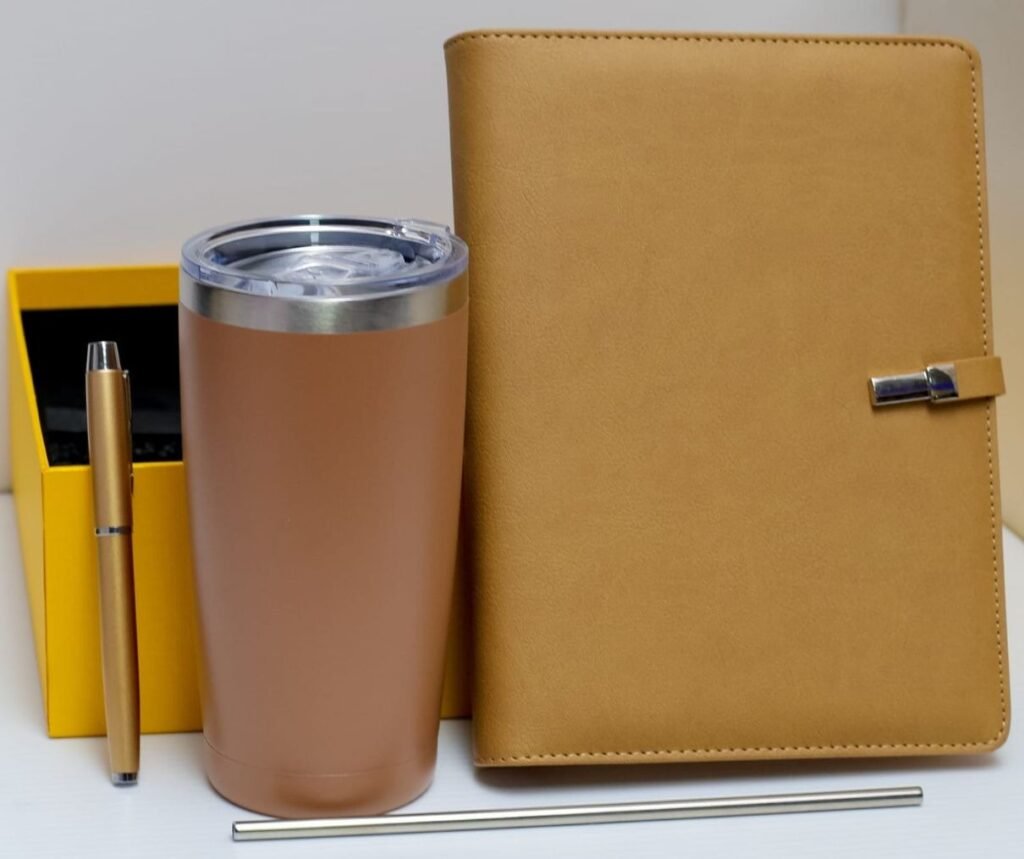 Buckle notebook; Lidded thermal tumbler; Pen; Metal drinking straw; Presentation box