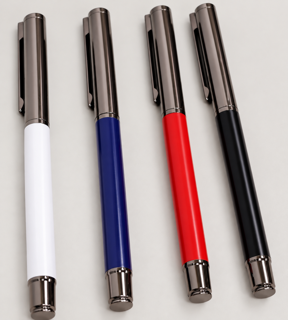 White, blue, red and black executive pens with dark gunmetal trim on a neutral studio background