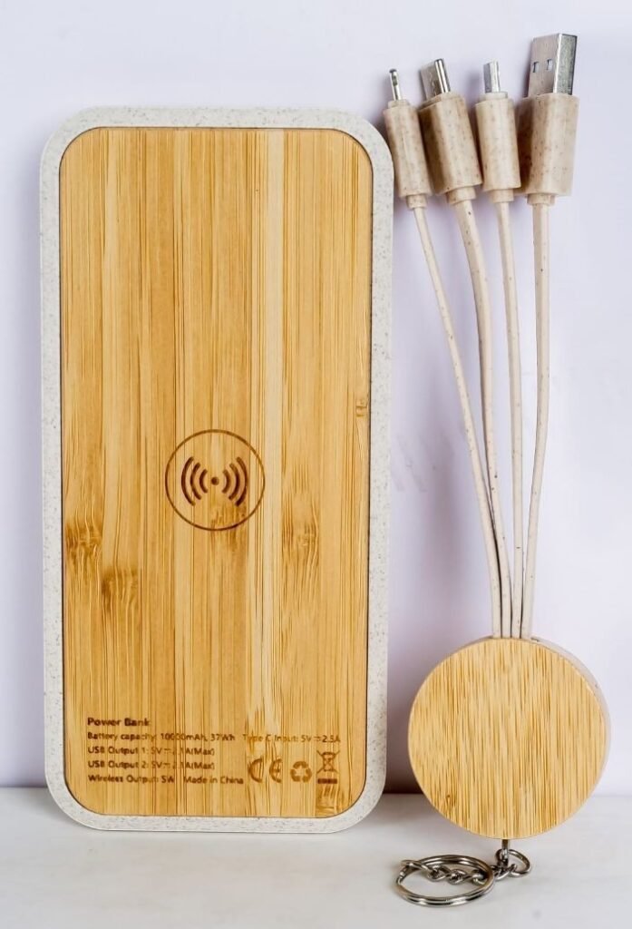 10000mAh bamboo-panel power bank with integrated leads; Multi-connector cable accessory; Confirm charging specifications and connector compatibility