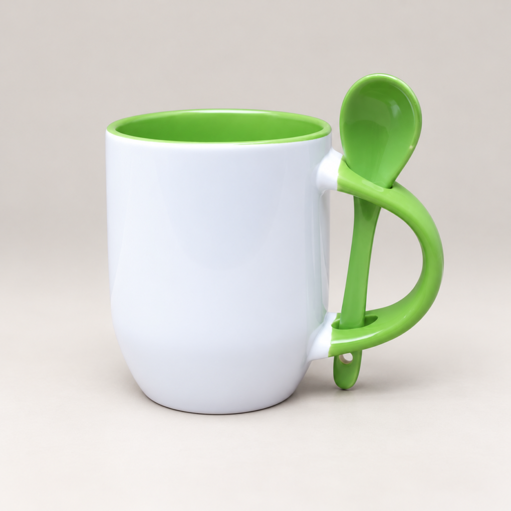 White spoon mug with green interior, handle and matching spoon on a neutral studio background