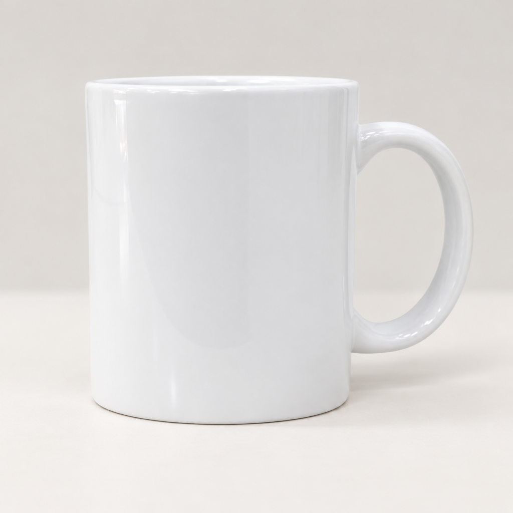 Standard white ceramic mug on a neutral studio background