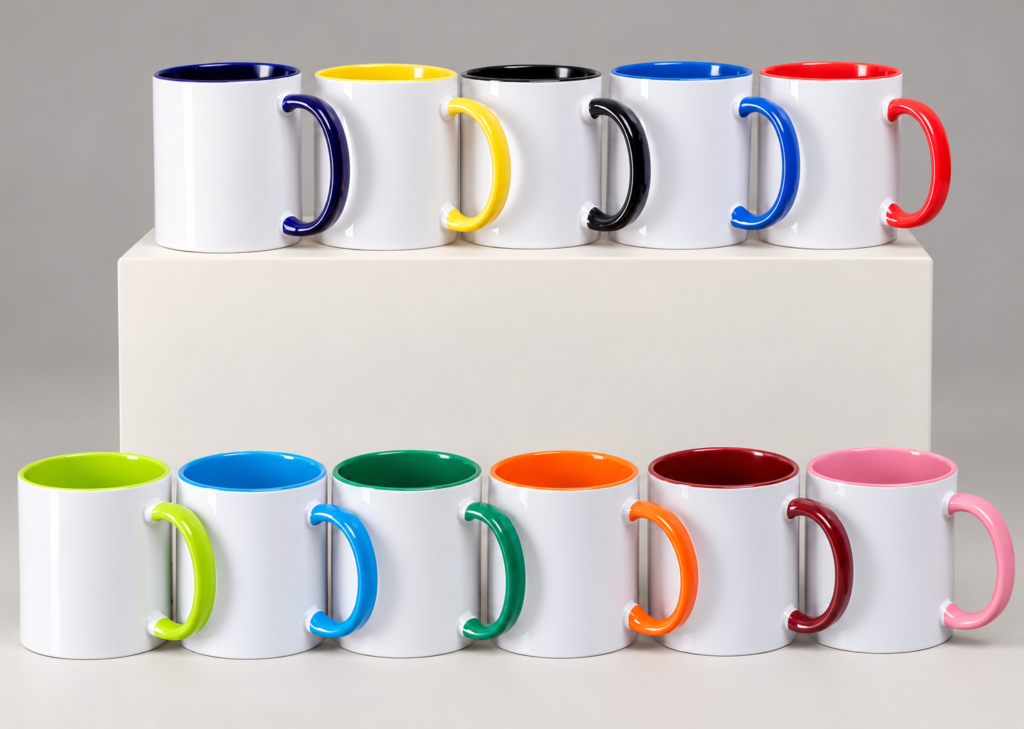 Eleven white two-tone ceramic mugs with coloured handles and interiors on a neutral studio display
