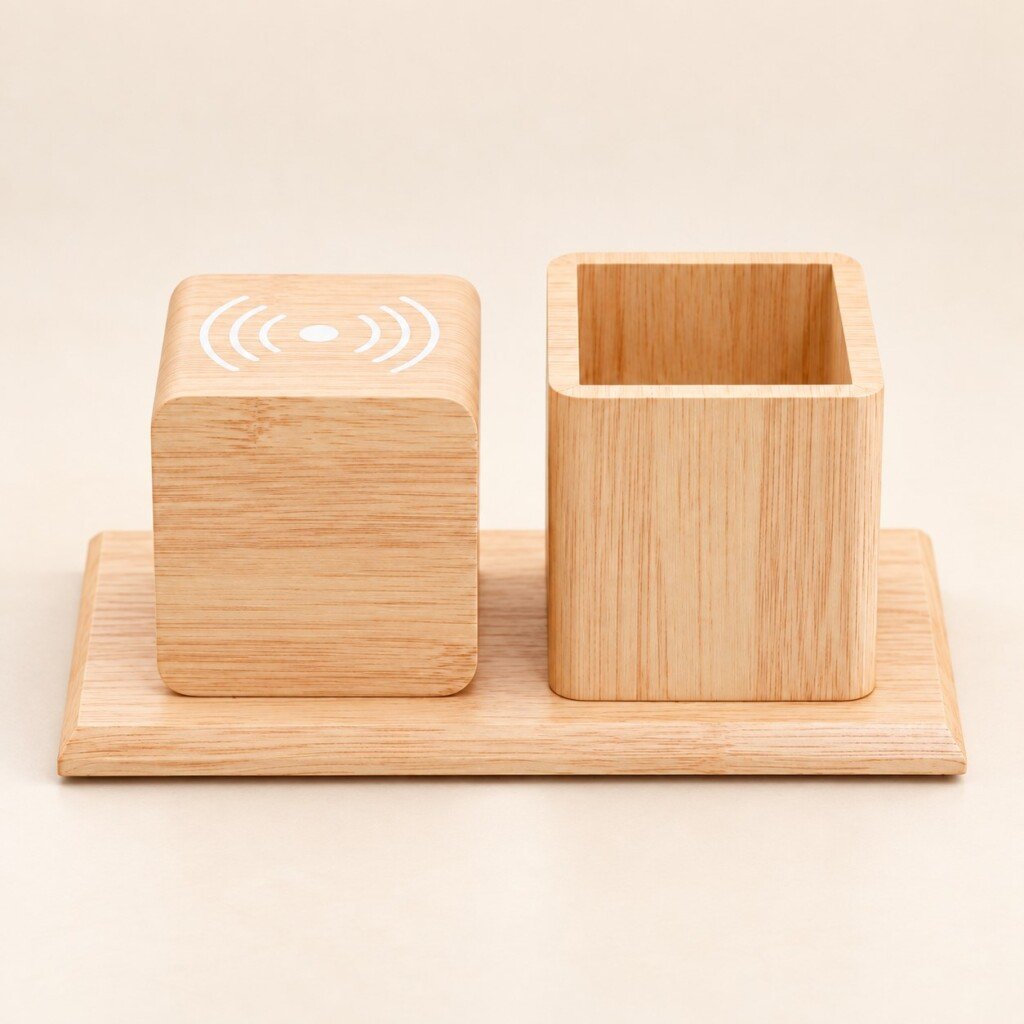 Wooden wireless charging desk organiser with charging block, pen cup and rectangular base