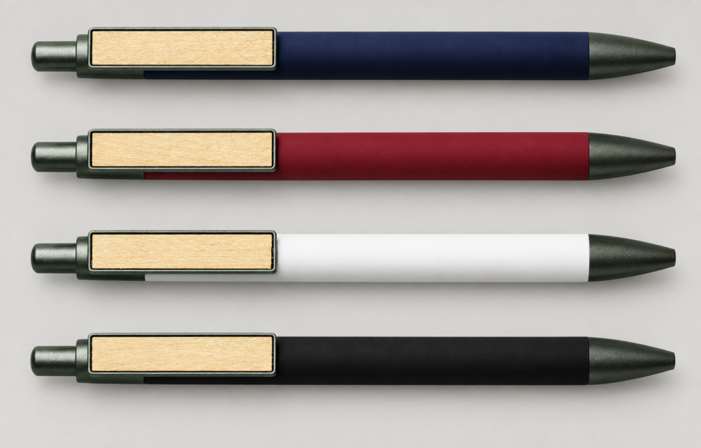 WP04 push-button pens in navy blue, burgundy, white and black with rectangular beige clip inserts