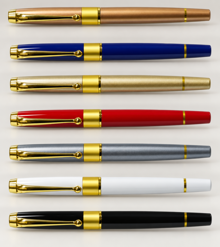 Seven executive metal pens in assorted finishes with gold clips and centre bands on a neutral studio background