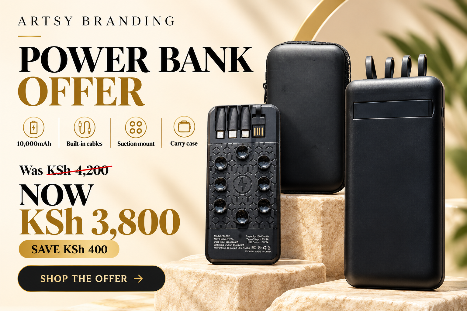10,000mAh power bank offer: KSh 3,800, reduced from KSh 4,200. Save KSh 400. Built-in cables, suction mount and carry case.